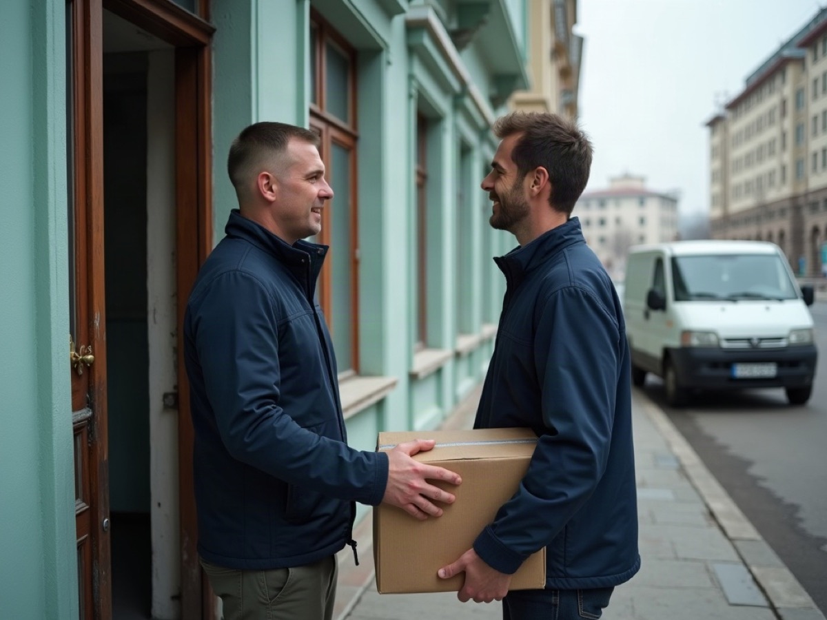 Courier handing a brown parcel at an apartment doorway in Dnipro