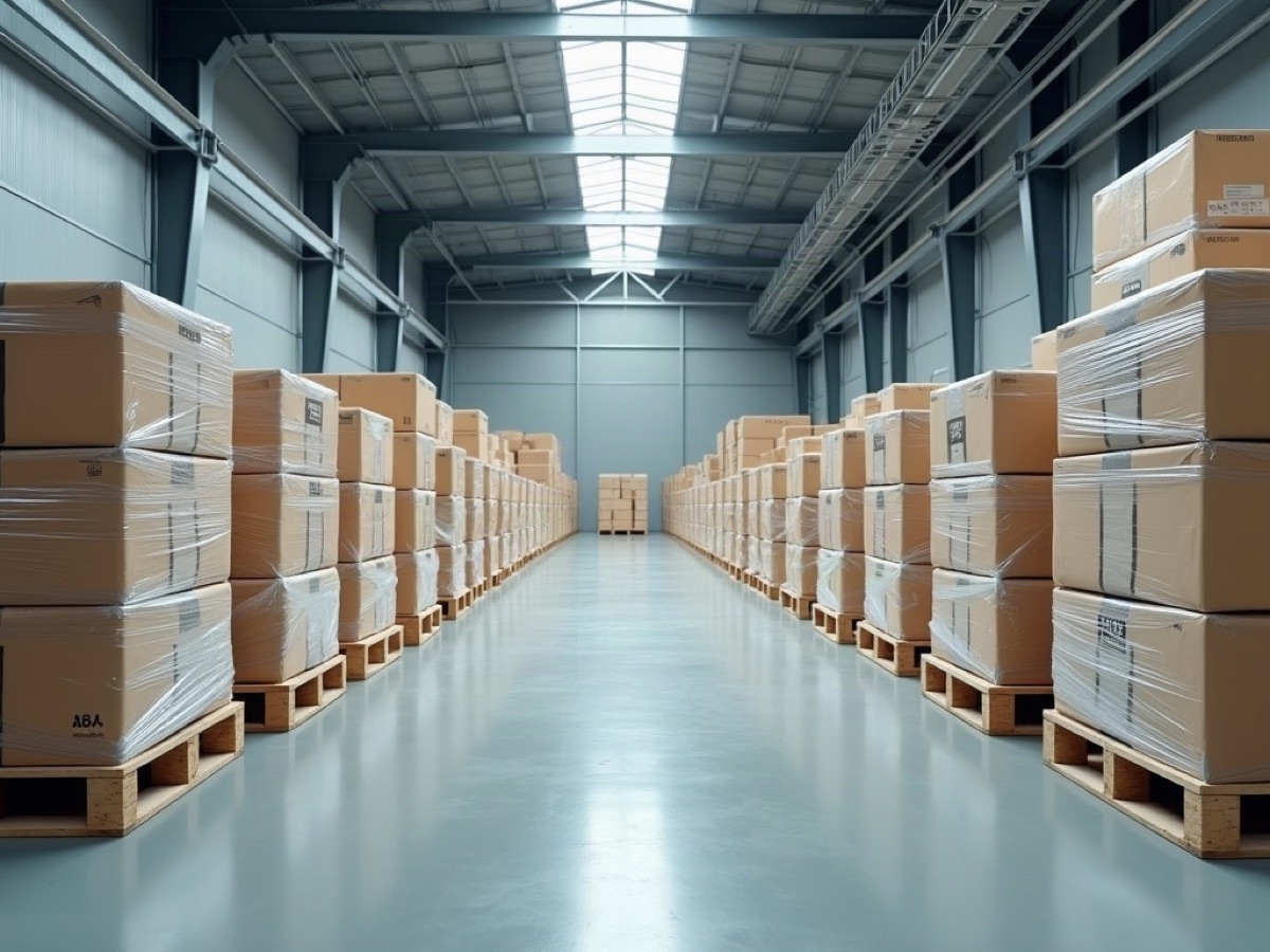 Shrink-wrapped household cartons stacked on pallets in a warehouse aisle
