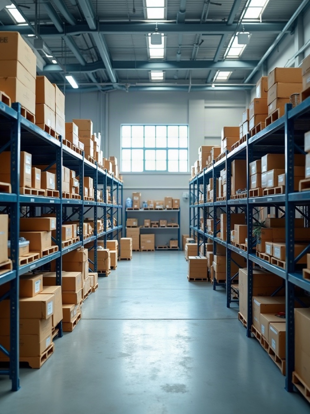 Metal shelves with unlabeled auto-part bins in a bright warehouse aisle